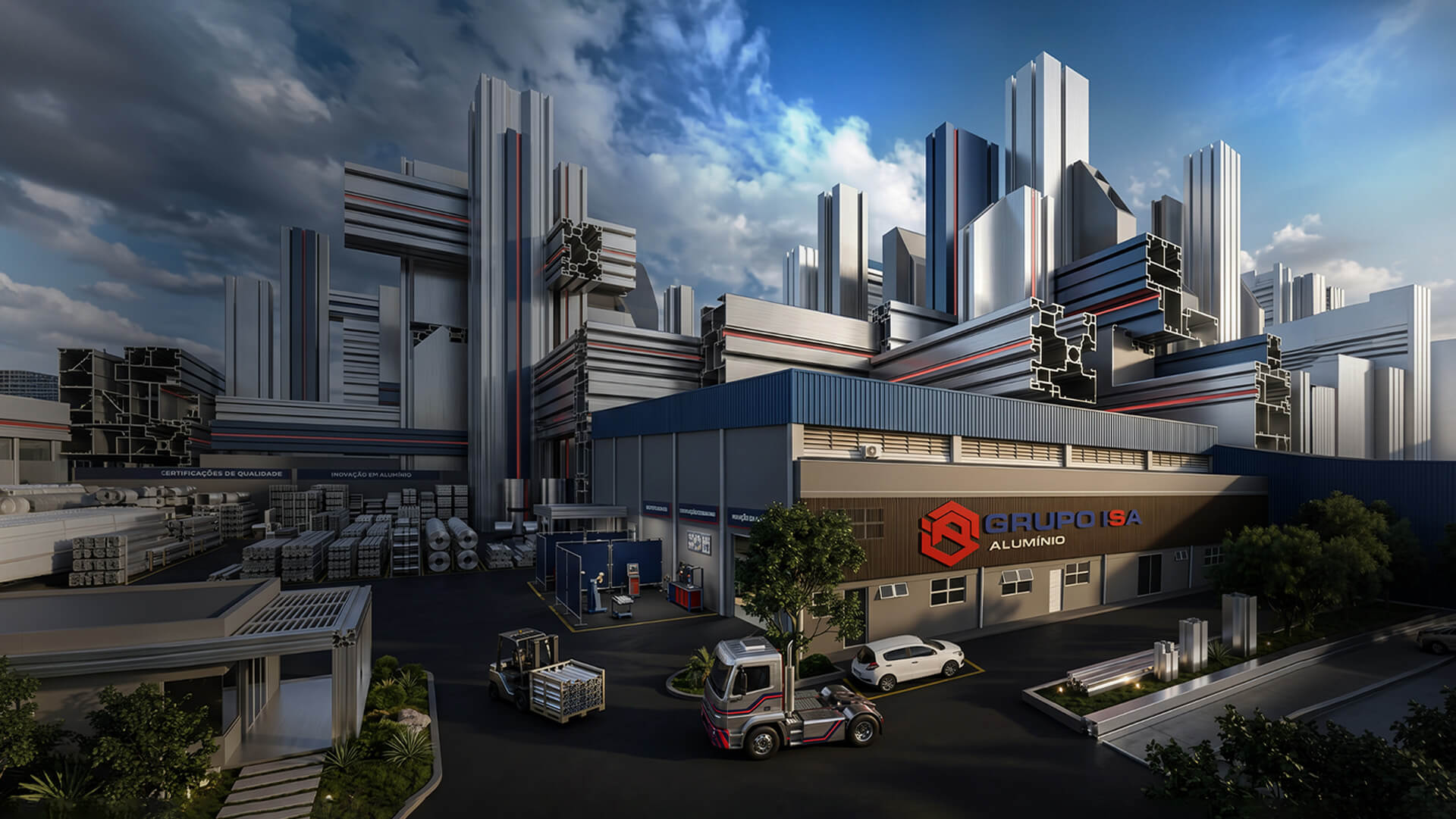 Renderização 3D do complexo industrial do Grupo ISA Alumínio, com caminhão, empilhadeira e pilhas de perfis no pátio